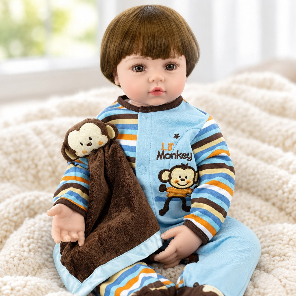 Theo 19 inch reborn baby boy doll with his monkey blanket